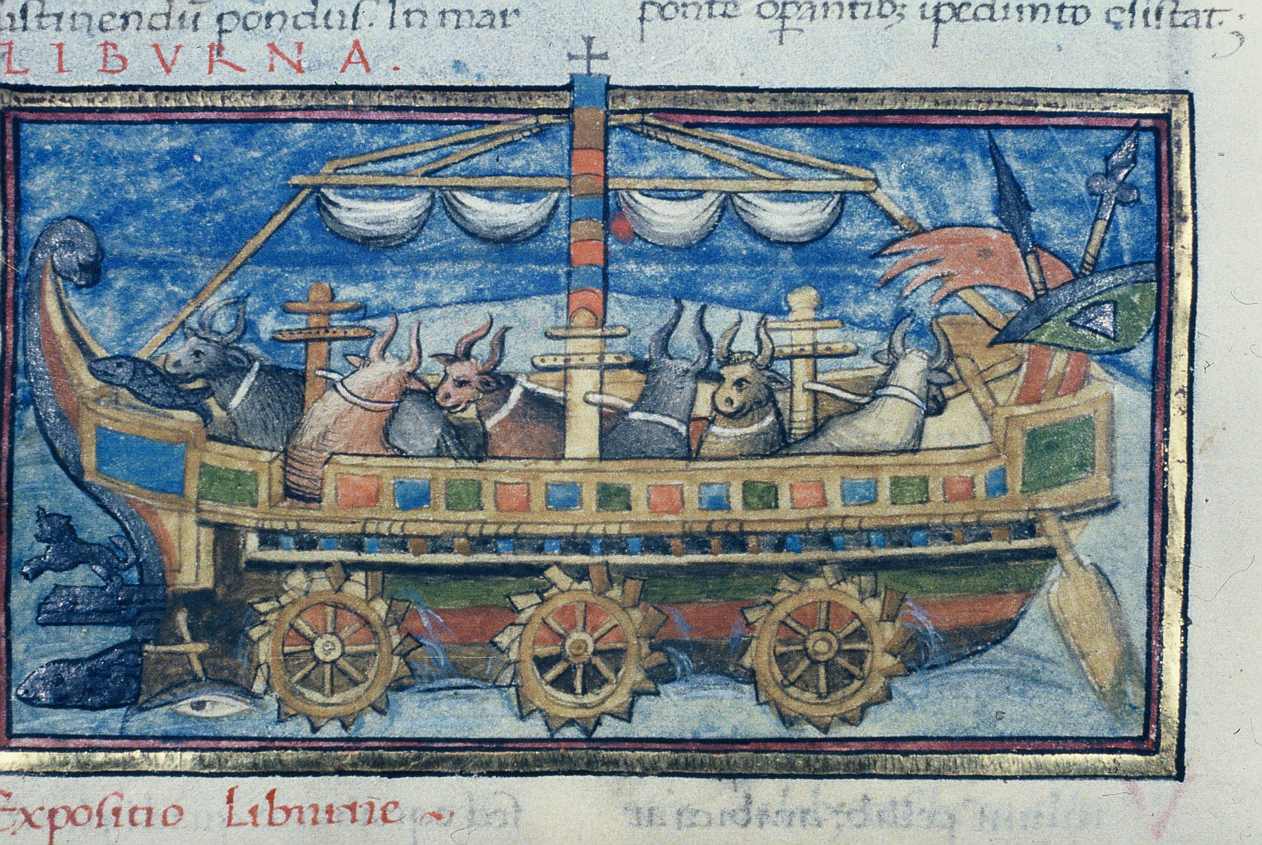Detail of image from De rebus bellicis showing fanciful ox-powered wheel boat.  Please click to view entire image.